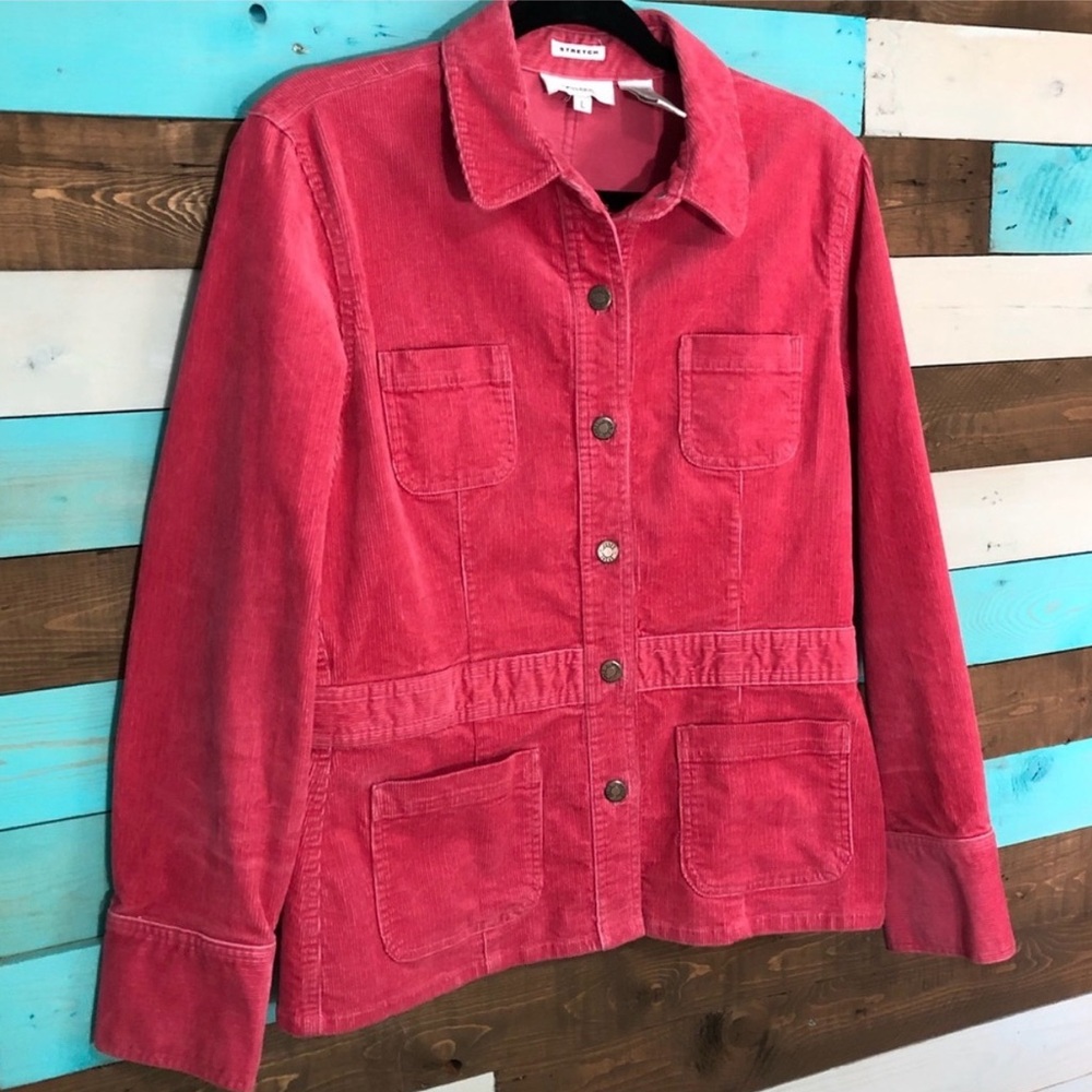 Boho JONES SPORT Jacket Shirt Sport Stretch Corduroy Pink Red Coral Size Medium - Picture 2 of 6
